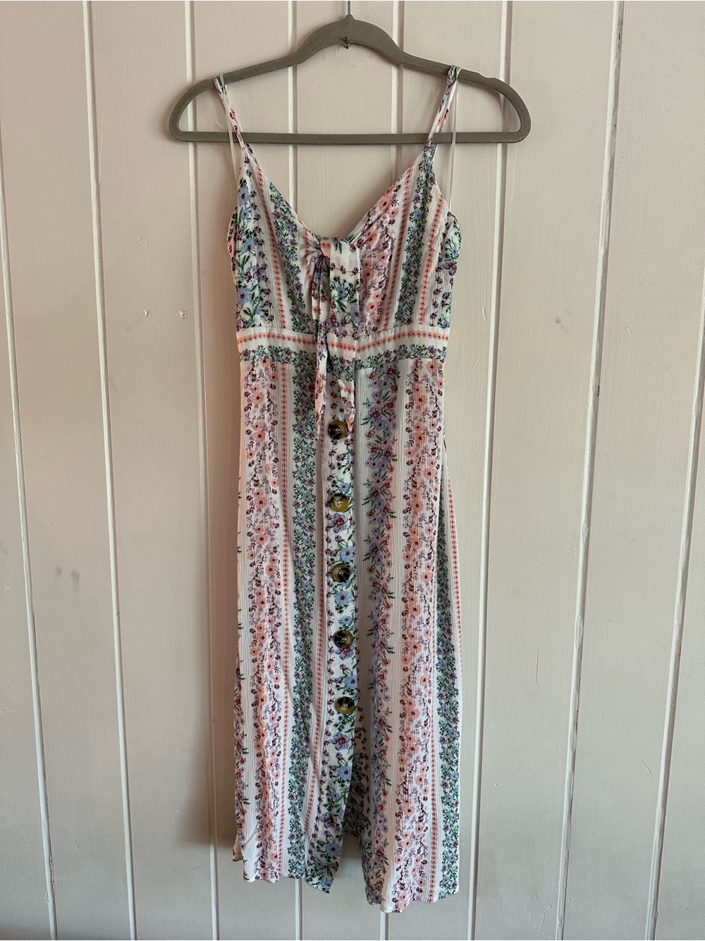Altar'd State White Floral Midi Dress with Multi-Color Stripes